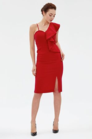 Kadın KırmızıTek Omuzu Askılı Tek Omuzu Volanlı Elbise 1557