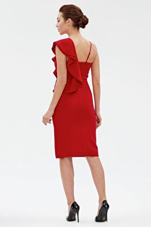 Kadın KırmızıTek Omuzu Askılı Tek Omuzu Volanlı Elbise 1557