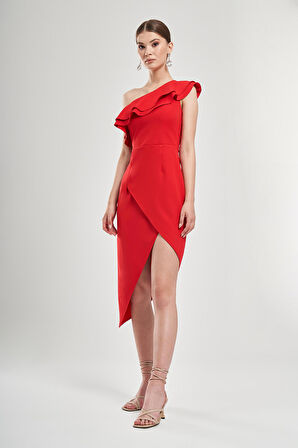 Tek Omuzu Volanlı Asimetrik Elbise 1767