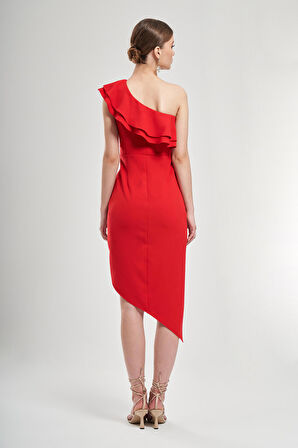 Tek Omuzu Volanlı Asimetrik Elbise 1767