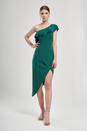 Tek Omuzu Volanlı Asimetrik Elbise 1767