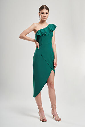 Tek Omuzu Volanlı Asimetrik Elbise 1767