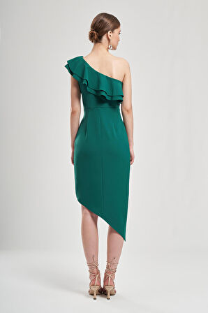 Tek Omuzu Volanlı Asimetrik Elbise 1767