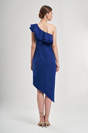 Tek Omuzu Volanlı Asimetrik Elbise 1767