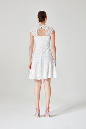 Kadın Ekru Arkası Pencereli Sıfır Yaka Davis Dantel Abiye Elbise 1129