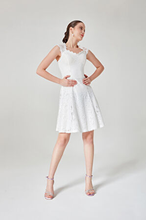 Kadın Ekru Arkası Pencereli Sıfır Yaka Davis Dantel Abiye Elbise 1129