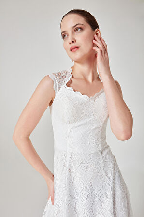 Kadın Ekru Arkası Pencereli Sıfır Yaka Davis Dantel Abiye Elbise 1129