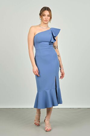 Escoll Kadın Tek Omzu Volanlı Midi Boy Abiye Elbise 1840 Indigo