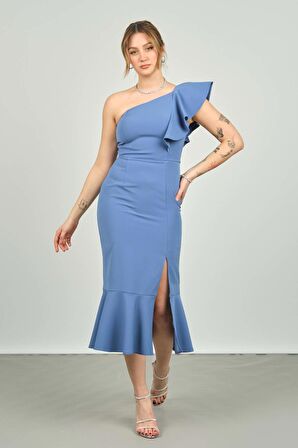 Escoll Kadın Tek Omzu Volanlı Midi Boy Abiye Elbise 1840 Indigo