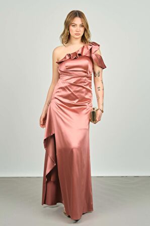 Escoll Kadın Tek Omzu ve Kolu Volanlı Saten Abiye Elbise 1833 S.Kabuğu