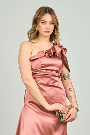 Escoll Kadın Tek Omzu ve Kolu Volanlı Saten Abiye Elbise 1833 S.Kabuğu