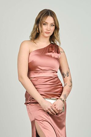 Escoll Kadın Tek Omuz Derin Yırtmaçlı Saten Abiye Elbise 1873 S.Kabuğu