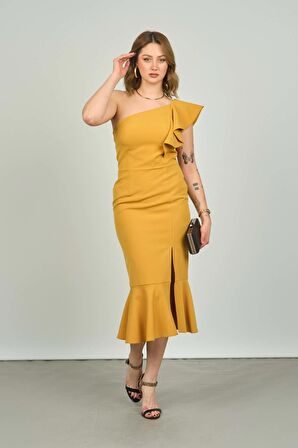 Escoll Kadın Tek Omzu Volanlı Midi Boy Abiye Elbise 1840 Safran