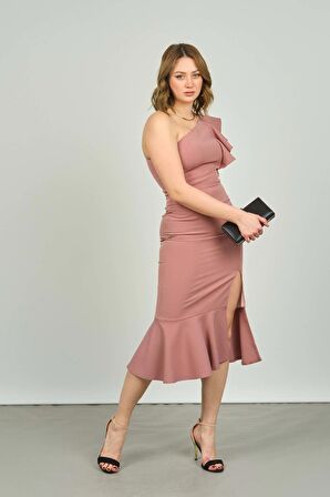 Escoll Kadın Tek Omzu Volanlı Midi Boy Abiye Elbise 1840 Lavanta