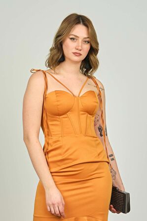 Escoll Kadın Önü Balenli Saten Abiye Elbise 2046 Oranj