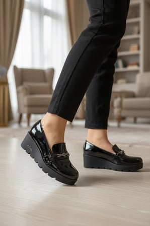 Enoch Tam Ortopedik Dolgu Topuklu Siyah Taşlı Düğüm Detaylı Anne Loafer