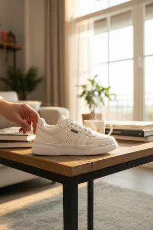 Enoch Erkek Beyaz Günlük Spor Ayakkabı Kalın Tabanlı Sneaker Metal Logolu ve Dikişli Sokak Modeli