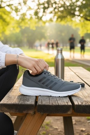 Enoch Erkek Spor ve Yürüyüş Ayakkabısı Tam Ortopedik Tabanlı Gri Fileli ve Şeritli Hafif Model