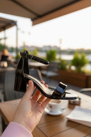 Enoch Kadın Siyah Patent Tek Bantlı Orta Kalın Topuklu Sandalet