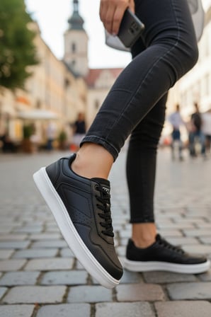 Enoch Unisex Siyah Suni Deri Spor Ayakkabı Beyaz Düz Tabanlı Ve Perfore Detaylı Günlük Casual Sneaker