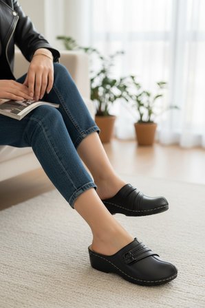 Enoch Kadın Siyah Tam Kapalı Burunlu Sabo Model Çoklu Şerit ve Toka Detaylı Anatomik Comfort Terlik