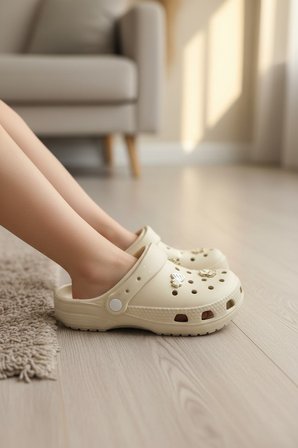 Enoch Çocuk Bej Işıltılı Deniz Yıldızı ve İstiridye Aksesuarlı Ortopedik Cross Sabo Terlik