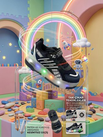 Enoch Çocuk Patenli Işıklı Tekerlekli Spor Ayakkabı & Rahat Cırt Cırtlı Kaykay Ayakkabı 4 Tekerli sneaker