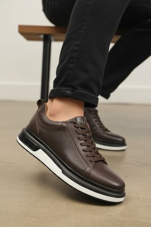 Enoch Erkek Lazer Kesim Delikli ve Pürüzsüz Deri Dokulu Kalın Tabanlı Bağcıklı Günlük Spor Ayakkabı Sneaker