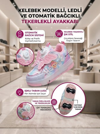 Enoch Kız Çocuk Kaykaylı Patenli Tekerlekli Otomatik Bağcıklı Işıklı Ortopedik Spor Ayakkabı