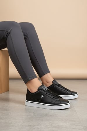 Enoch Yan Amblem Detaylı Beyaz Şerit Tabanlı Siyah Bağcıklı Kadın Sneaker