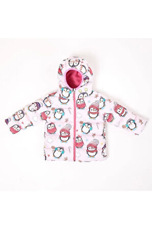 Kız Çocuk Polarlı Kürklü Kapüşonlu Penguen Şeker Desenli Kışlık Şişme Mont & Kaban & Parka