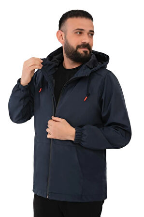 Erkek Lacivert Astarlı Kanguru Su Ve Rüzgar Geçirmez Kapüşonlu Yağmurluk