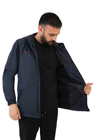 Erkek Lacivert Astarlı Kanguru Su Ve Rüzgar Geçirmez Kapüşonlu Yağmurluk