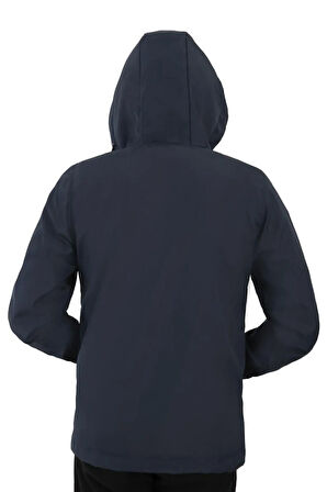 Erkek Lacivert Astarlı Kanguru Su Ve Rüzgar Geçirmez Kapüşonlu Yağmurluk
