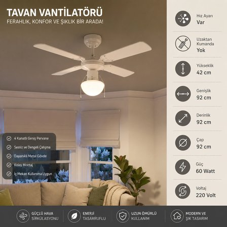 92 cm 4 Kanatlı Beyaz Tavan Vantilatörü | 60 Watt | 3 Kademeli Hız Ayarlı | Sessiz Çalışma