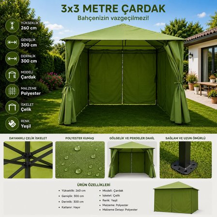 3x3 Metre Yeşil Bahçe Çardağı Çelik İskelet Polyester Kumaş Bahçe Kamelyası