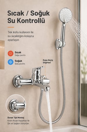 Krom Banyo Bataryası Duş Seti Mafsallı El Duşu Sıcak Soğuk Mix Musluk ve Duş Başlığı Set