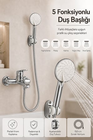 Krom Banyo Bataryası Duş Seti Mafsallı El Duşu Sıcak Soğuk Mix Musluk ve Duş Başlığı Set
