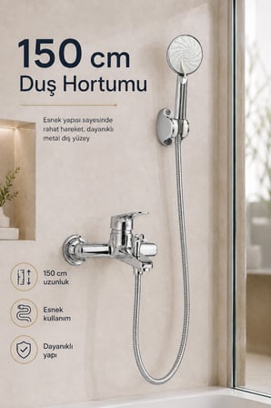 Krom Banyo Bataryası Duş Seti Mafsallı El Duşu Sıcak Soğuk Mix Musluk ve Duş Başlığı Set