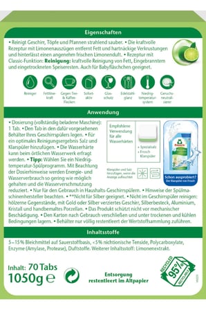 Classic Yeşil Limon Bulaşık Makinesi Tabletleri – 70 Adet, Soda Gücü, Vegan