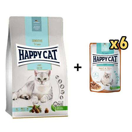 Happy Cat Sensitive Light Düşük Kalori Diyet Kedi Maması 4 Kg + 6 Adet Happy Cat Deri ve Tüy Sağlığı Destekleyici Tavuklu Yetişkin Kedi Konservesi 85gr