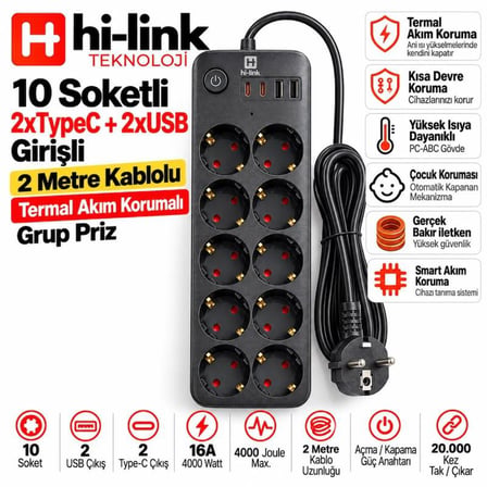hi-link 10 Soketli 2xType-C +2xUSB Girişli 2 Metre Kablolu Akım Korumalı Grup Priz