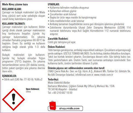 Miele Çamaşır ve Bulaşık Makinesi için Kireç Çözücü 250gr