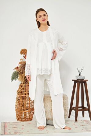 Ekru Kadın Hamile ve Lohusa Pijama Takımı 3'lü Set