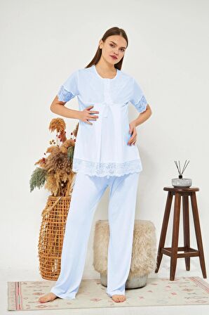 Mavi Kadın Hamile ve Lohusa Pijama Takımı 3'lü Set