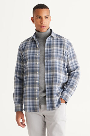 Erkek Mavi-Beyaz Slim Fit Dar Kesim Düğmeli Yaka Pamuklu Ekose Desenli Flanel Oduncu Gömlek