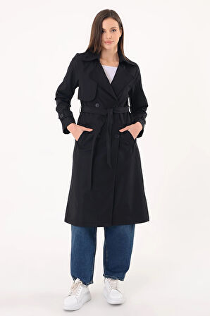 Kadın Kruvaze Yaka Siyah Trençkot