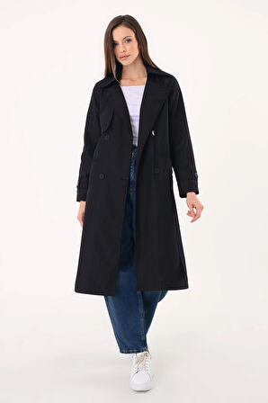 Kadın Kruvaze Yaka Siyah Trençkot