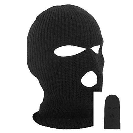 Unisex Siyah Kışlık Triko Örme Üç Gözlü Bere Olabilen Kar Maskesi Balaclava