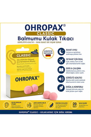OHROPAX Classic Balmumu Kulak Tıkacı 20 Adet | Uyku, Horlama, Gürültü, Seyahat ve Çalışma İçin Konforlu Kulak Koruyucu